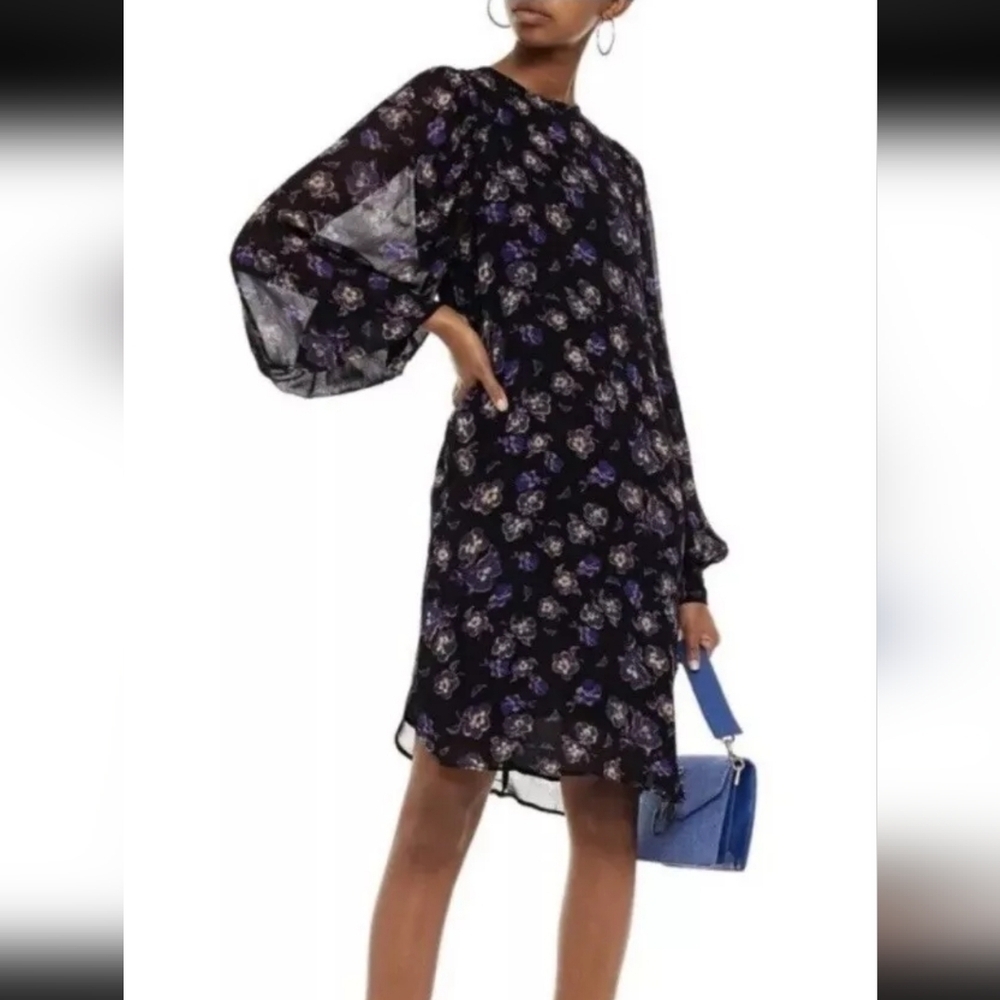 Ganni Floral Georgette Long Sleeve Shift Mini Dress Multicolor Size 34